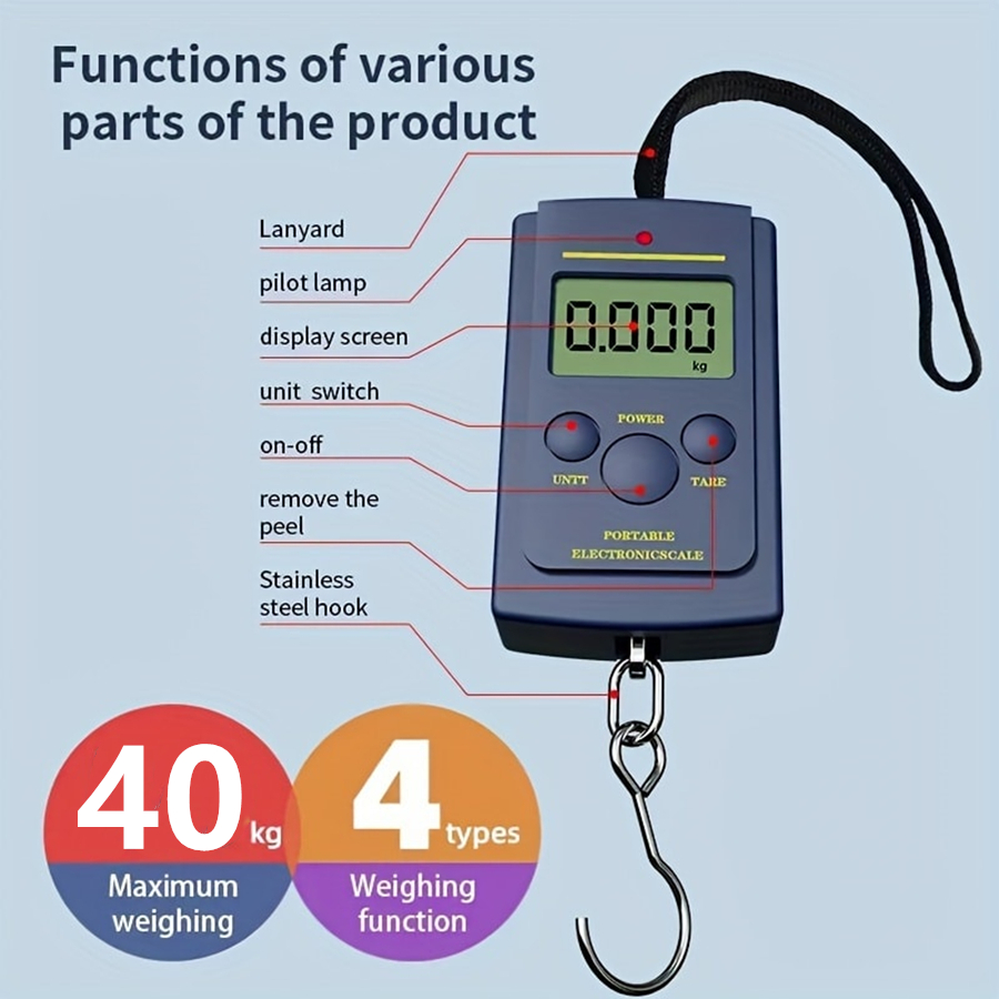 Gadgets For Electronics - เครื่องชั่งน้ําหนักแบบแขวนดิจิตอลอิเล็กทรอนิกส์ขนาดเล็กมัลติฟังก์ชั่นขนาด 40 กก. เครื่องมือสําหรับตกปลากระเป๋าเดินทางกระเป๋าเดินทางเครื่องชั่งน้ําหนักตะขอเดินทาง
